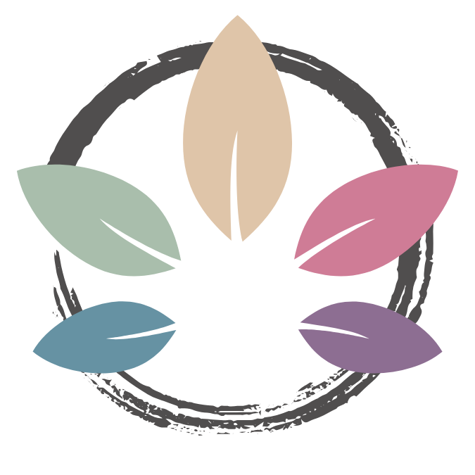 innere ruhe finden logo, mit enso kreis für die verbindung zum zen und farbigen blättern für die verbundenheit zur natur