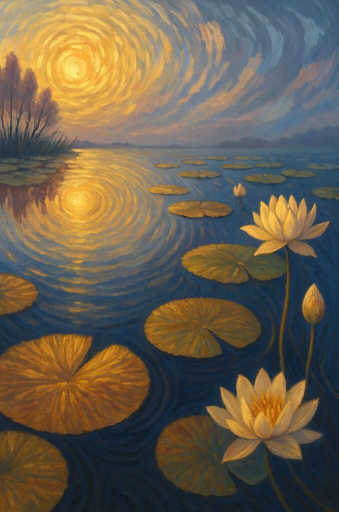 man sieht ein kunstvolles Bild mit Wasser, Seerosen und eine Sonne die sich im Wasser spiegelt. Das Bild steht für verbundenheit mit dem Leben