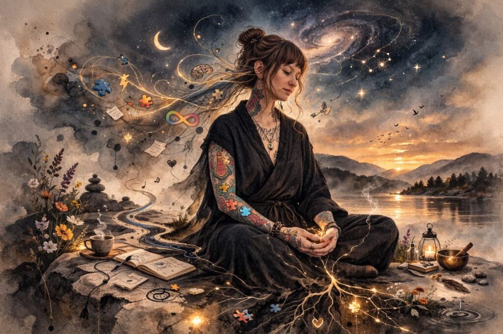 Angelina Katharina Petersen, hochsenibel. Ein komplexes Bild mit ihr im Zentrum. Sie begleitet Menschen im Spektrum Neurodivergenz online und in Deutschland
